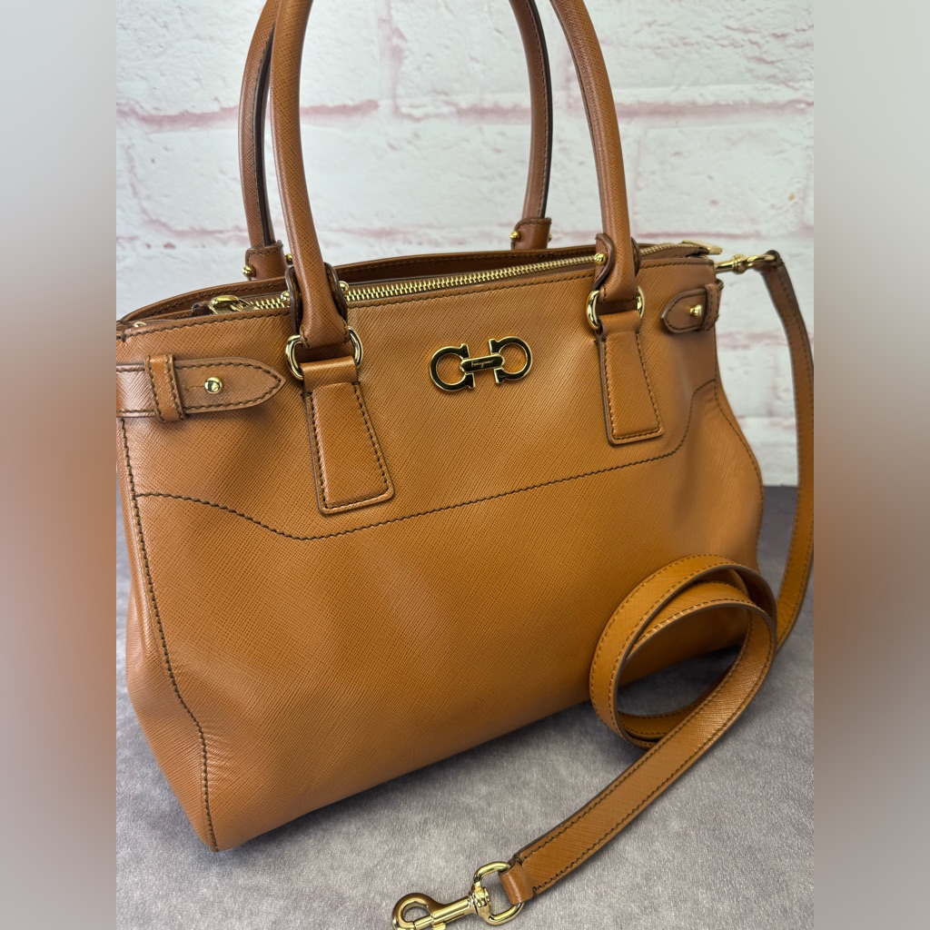 Salvatore Ferragamo Cognac Brown Leather Tote With Gold Hardware